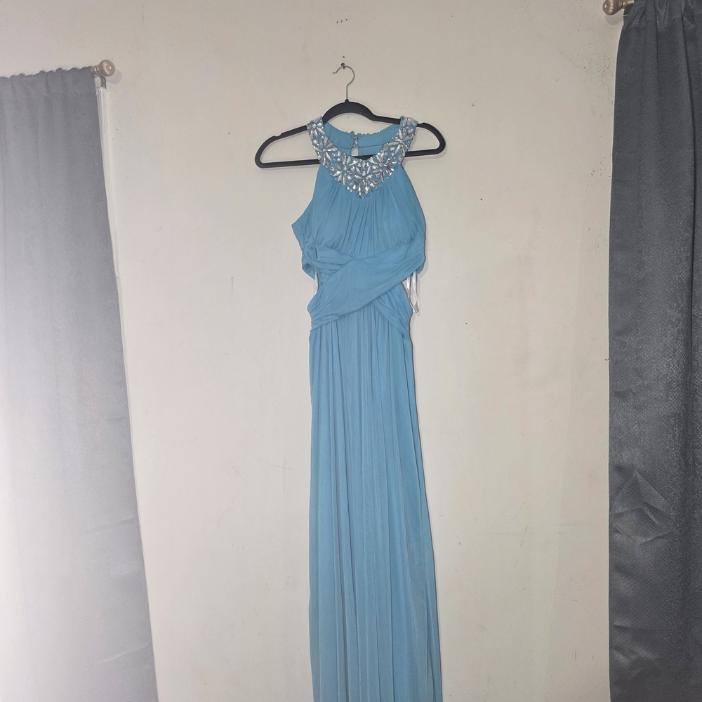 B Darlin One Shoulder Light Blue Dress with Embellished Neckline